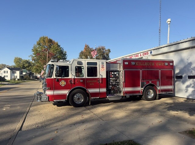 Killbuck Township Engine/Rescue 401, a 2023 Pierce Saber, parked at the station
